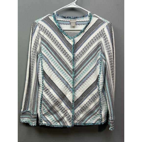 Chico's Structured Striped Fringe Cardigan Jacket Womens‎ sz 1 Medium Blue White - Picture 1 of 7